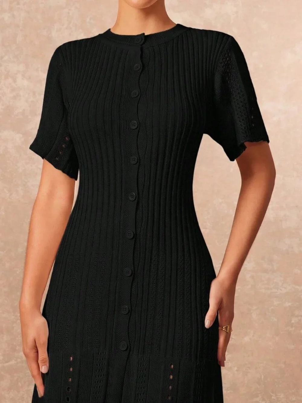 Black Elegant Women's Button Knit Short Sleeve Fishtail Skirt